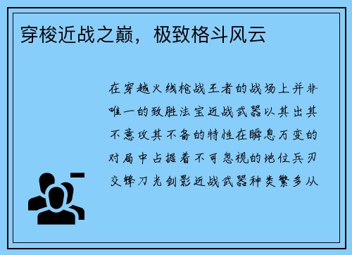 穿梭近战之巅，极致格斗风云